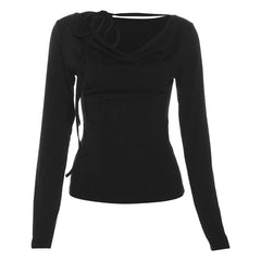 Ribbed cowl neck long sleeve solid self tie top