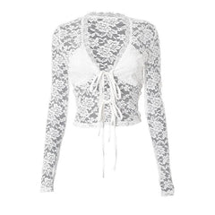 Long sleeve v neck lace self tie solid crop top