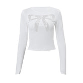 Long sleeve bowknot pattern lace mesh patchwork crewneck top