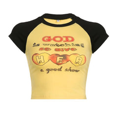 Patchwork contrast cap sleeve heart pattern crop top