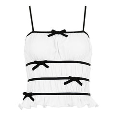 Bowknot ruched contrast ruffle square neck cami crop top