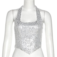 Beaded halter zip-up backless solid sleeveless crop top