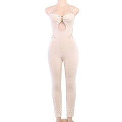 Textured hollow out halter self tie solid jumpsuit