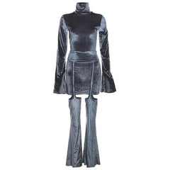 Velvet turtle neck solid long flared sleeve self tie pant set