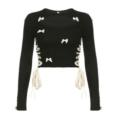 Bowknot long sleeve hollow out lace up contrast top