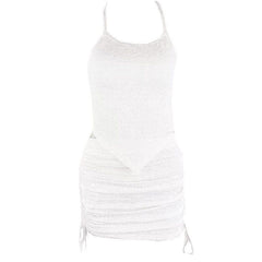 Corss back lace up drawstring ruched solid cami skirt set