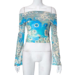 Flower print contrast off shoulder long sleeve mesh top