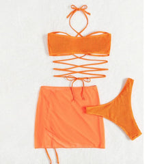 Textured solid halter drawstring cross front self tie 3 piece swimwear
