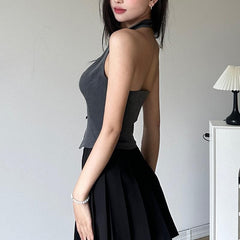 Halter bowknot slit backless zip-up sleeveless crop top