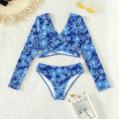 Flower pattern long sleeve contrast v neck bikini swimwear