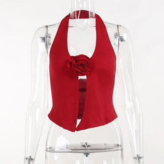 Flower applique halter U neck solid backless slit crop top