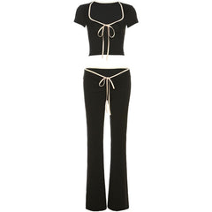 Contrast self tie v neck short sleeve low rise pant set