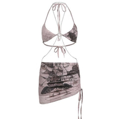 Halter self tie drawstring metal chain contrast o ring mini skirt set