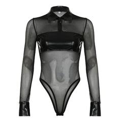 Button turnover collar mesh long flared sleeve PU leather bodysuit