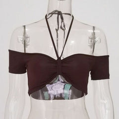 Off shoulder short sleeve knotted solid self tie back top