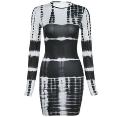 Long sleeve crewneck tie dye bodycon dress