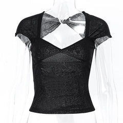 V neck hollow out knotted short sleeve low cut backless crop top