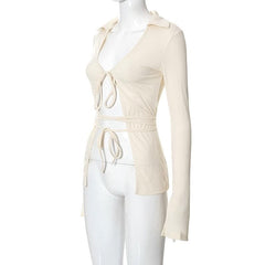 Turnover collar solid long sleeve self tie v neck crop top