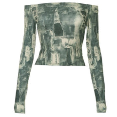 Off shoulder denim print long sleeve crop top