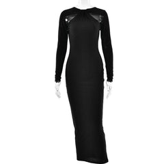 Long sleeve beaded zip-up hollow out patchwork maxi dress