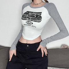 Contrast "5" pattern long sleeve crewneck crop top