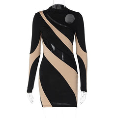 Long sleeve mesh contrast patchwork hollow out mini dress