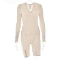 V neck solid zip-up long sleeve low cut romper