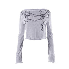 Long sleeve round neck ruffle contrast print see through crop top
