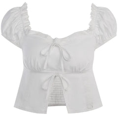 Smocked puff sleeve solid ruffle slit backless crop top