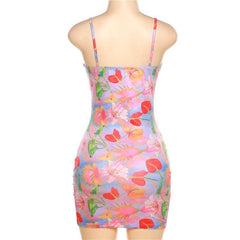 Flower print contrast low cut v neck cami mini dress