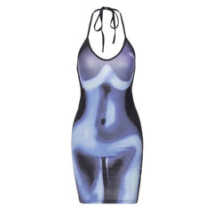 Sleeveless thermal body print halter self tie backless mini dress