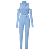 Ribbed hollow out cross front off shoulder long sleeve pant set