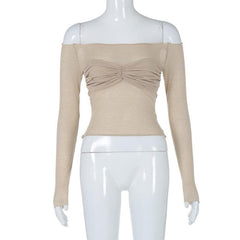 Long sleeve backless off shoulder ruched solid top