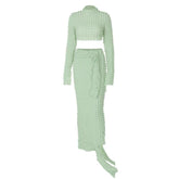 Long sleeve waffle high neck ruffle slit maxi skirt set