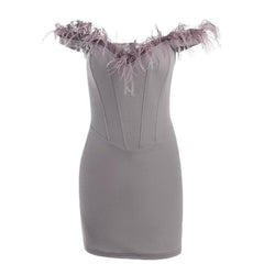 Feather backless zip-up off shoulder corset mini dress