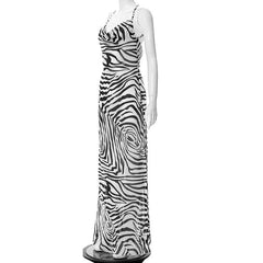 Cowl neck print cross open back maxi chiffon dress