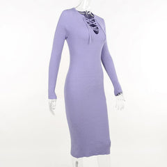 Lace up solid ribbed long sleeve notch neck mini dress