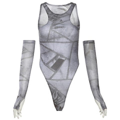 Sleeveless gloves contrast print round neck button bodysuit