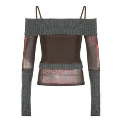 Mesh patchwork knitted contrast off shoulder long sleeve cami top