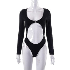 Solid long sleeve o ring hollow out u neck bodysuit