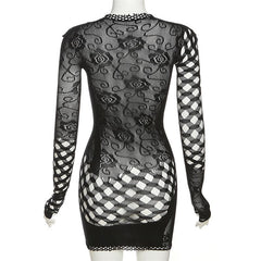 Fishnet long sleeve hollow out see through irregular mini dress