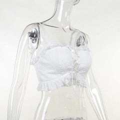 Sleeveless solid hollow out lace up self tie backless lace hem cami top