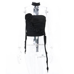 Flower applique solid halter ruched tube crop top