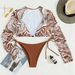 Ripple contrast long sleeve v neck self tie bikini swimwear