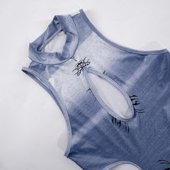 Contrast abstract print hollow out slit gloves midi dress