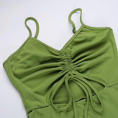 Solid hollow out drawstring v neck backless cami midi dress