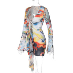 Lace up contrast flared sleeve self tie tie dye mini dress