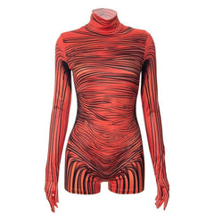 Striped zip-up contrast high neck long sleeve romper