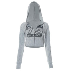Hoodie zip-up "75" pattern contrast long sleeve crop top