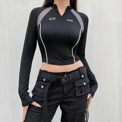 PRE ORDER - High neck zip-up long sleeve embroidery contrast top
